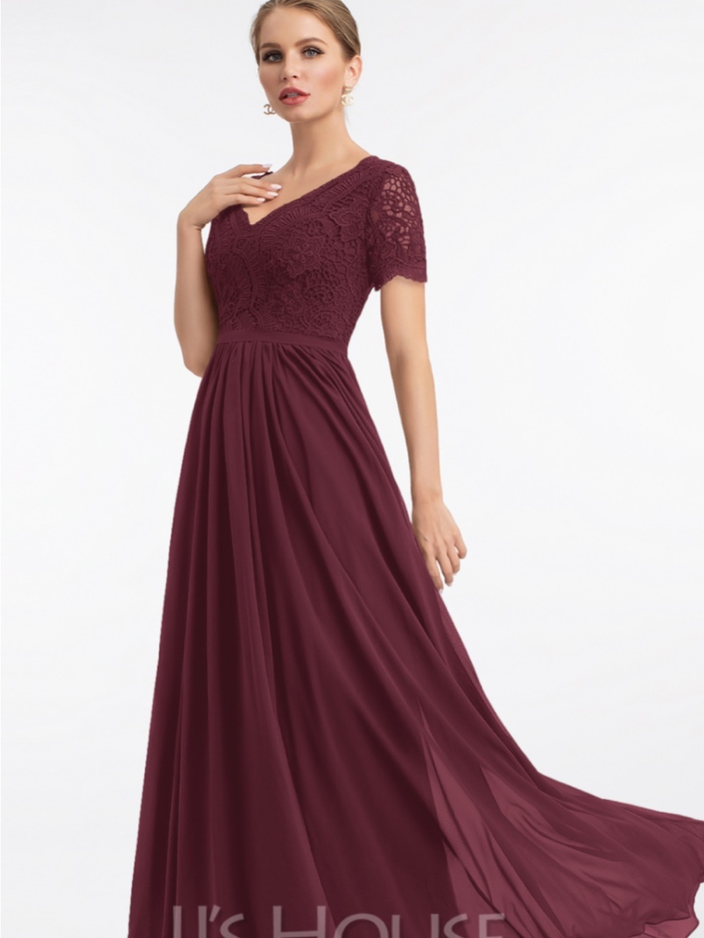 NWT JJs House Burgundy Lace Bodice formal Maxi Dress